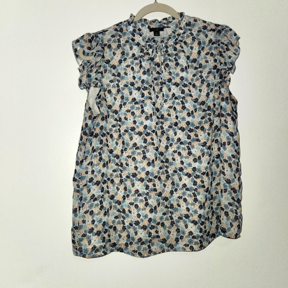 Ann Taylor Womens Large Petite Blue Floral Chiffon Blouse Lined Ruffle Sleeve